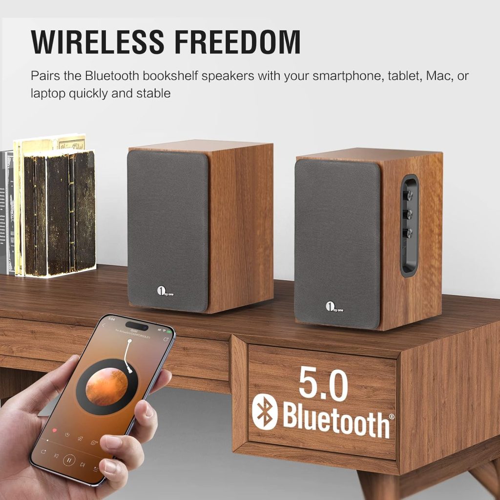 1 BY ONE Bluetooth Bookshelf Speakers, Powered Speakers with 2-Way Active Crossover, 60 Watts RMS, 100 Watts Peak Power, Active Bookshelf Speakers with Bluetooth/RCA x 2/Coaxial/Optical
