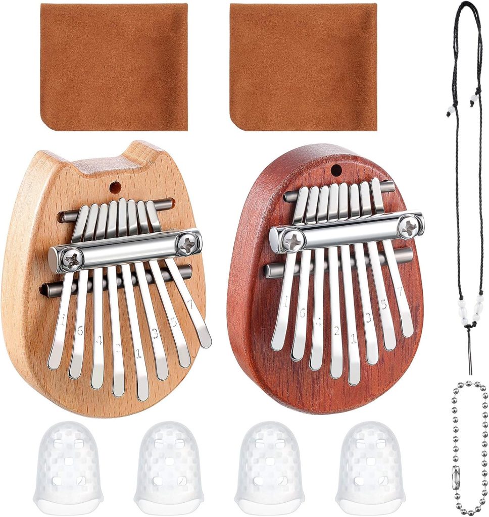 10 Pieces 8 Keys Mini Kalimba Piano Set Include Mini Finger Thumb Piano with Lanyard Chain, Finger Protector and Cleaning Cloth for Kids and Adults Beginners (Oval, Cat Shaped, Wood)