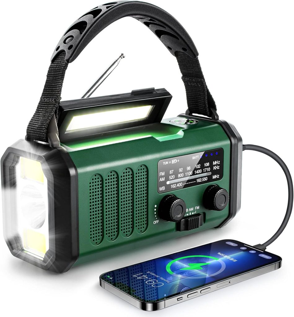 10000mAh Crank Radio, Emergency Radio, Solar Radio, NOAA/AM/FM Weather Radio, USB Type-C Charging, Dynamo Radio, Polymer Battery, Torch  LED Reading Light, SOS Alarm, Compass for Camping Green