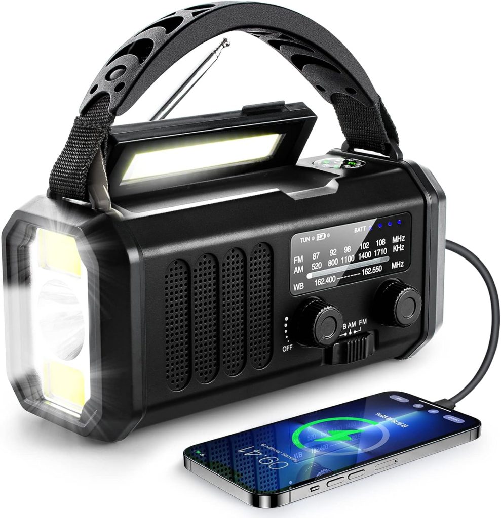 10000mAh Solar Radio, Crank Radio, Emergency Radio, NOAA/AM/FM Weather Radio, USB Type-C Charging,Dynamo Radio,Polymer Battery,Torch  LED Reading Light, SOS Alarm,Compass for Camping Black