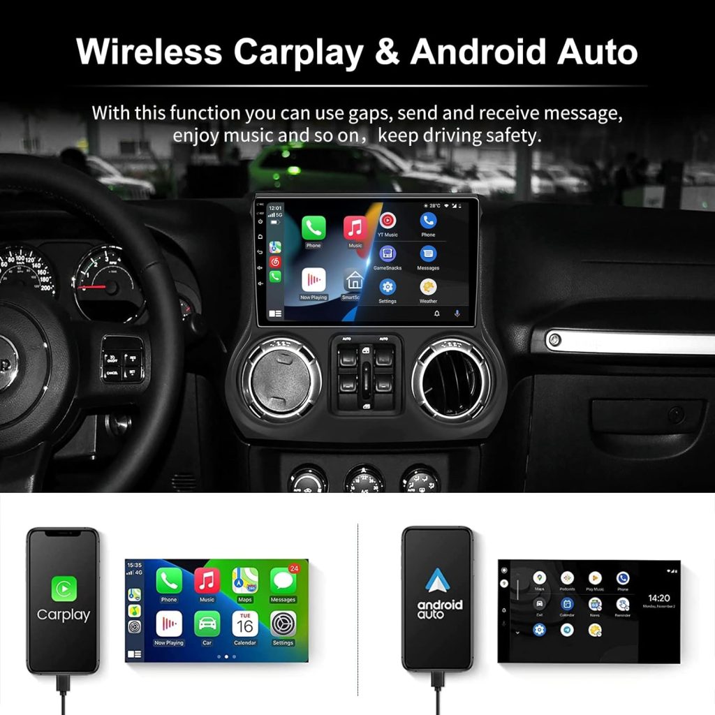 10.2 Inch Andriod13 4+32G Car Radio Upgrade Stereo for Jeep Wrangler JK Compass Grand Cherokee Dodge Ram Head Unit with Carplay/Andriod Auto, Bluetooth GPS FM AM USB Mirror Link Backup Camera+Mic