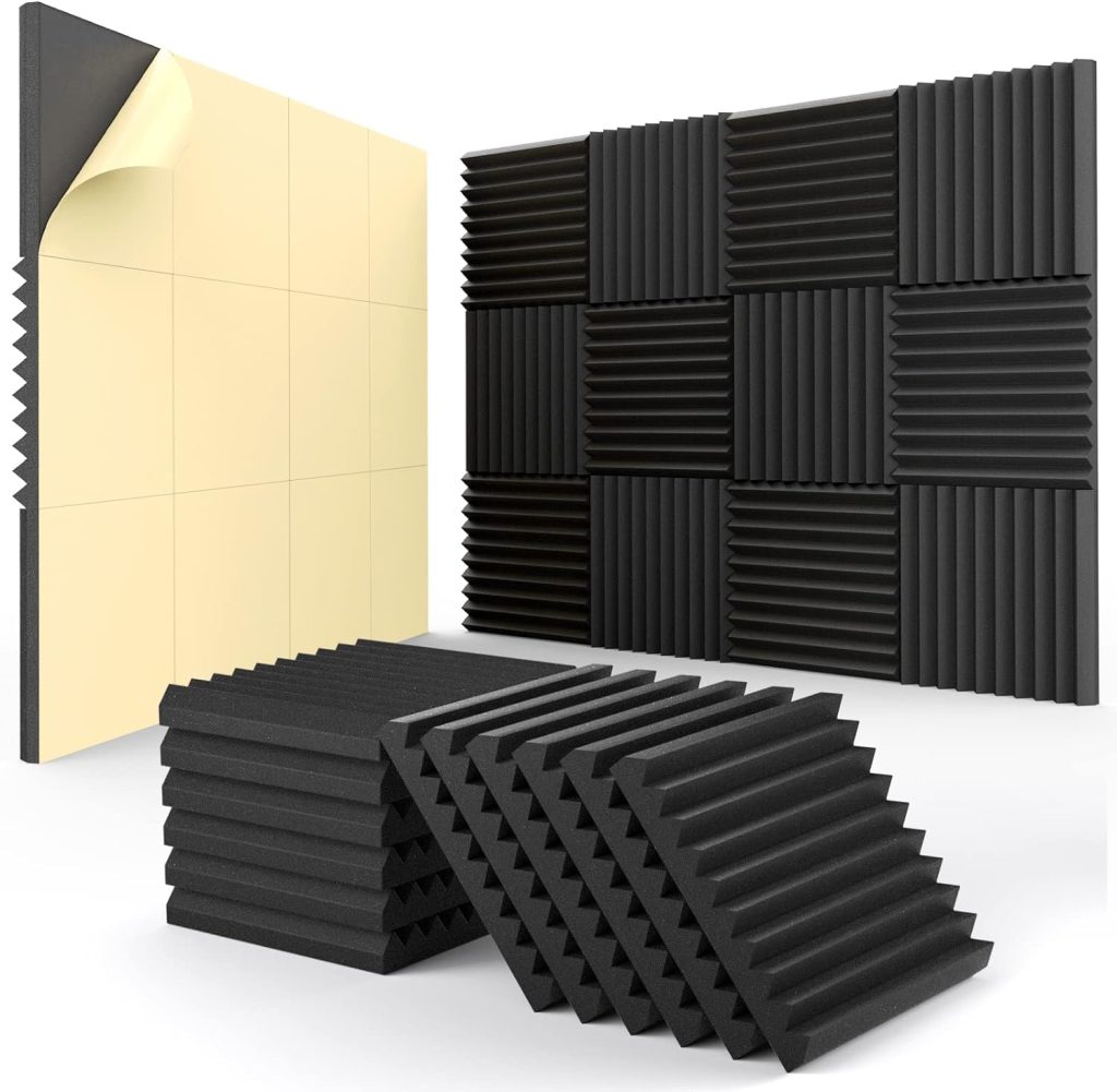 12 pack Acoustic Panels Self-Adhesive, 1 X 12 X 12 Quick-Recovery Sound Proof Foam Panels, Acoustic Foam Wedges High Density, Soundproof Wall Panels for Home Studio,Carbon Black