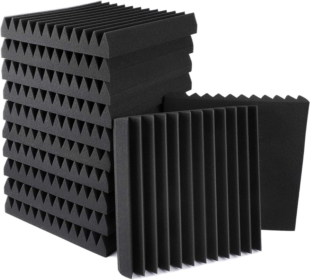 12 Pack Set Sound Proof Foam Panels 2 × 12 × 12 Black Wedges Tiles Fireproof Soundproof Acoustic Panels Sound Absorbing Noise Cancelling Panels for Recording Studios, Home, Offices Walls Ceiling