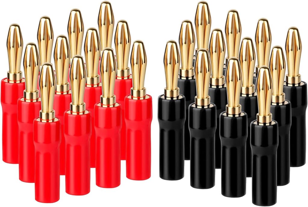 12 Pairs-Banana Plugs for Speaker Wire,24K Gold Plated Connectors,PVC Insulated,Support 12 AWG to 20 AWG Wires