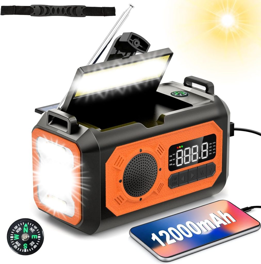 12000mAh Emergency Radio,Multi-Function AM/FM/NOAA Weather Radio,2 Solar Panels,Hand Crank,USB Cable 3 Charging Methods,SOS Alarm,Flashlight,Phone Charger,Compass,Reading Lamp (Orange)