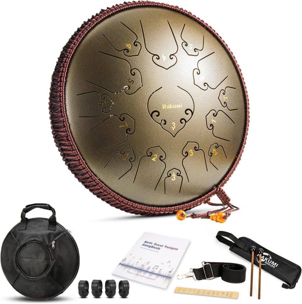 14 Inch 15 Note Steel Tongue Drum Percussion Instrument Lotus Hand Pan Drum with Ultra Wide Range and Drum Mallets Carry Ba