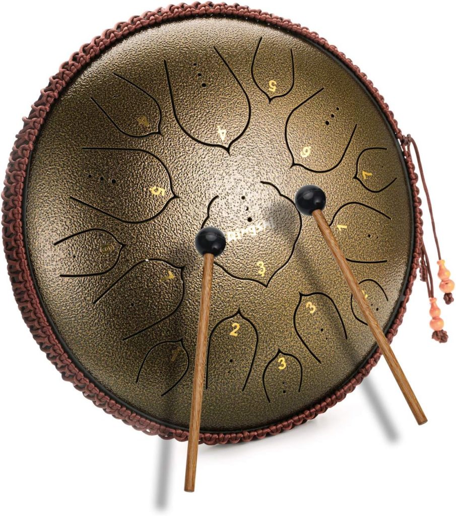 14 Inch 15 Note Steel Tongue Drum Qingshi Percussion Instrument Lotus Hand Pan Drum with Drum Mallets Carry Bag，Used for music education concert spiritual healing yoga meditation (Bronze)