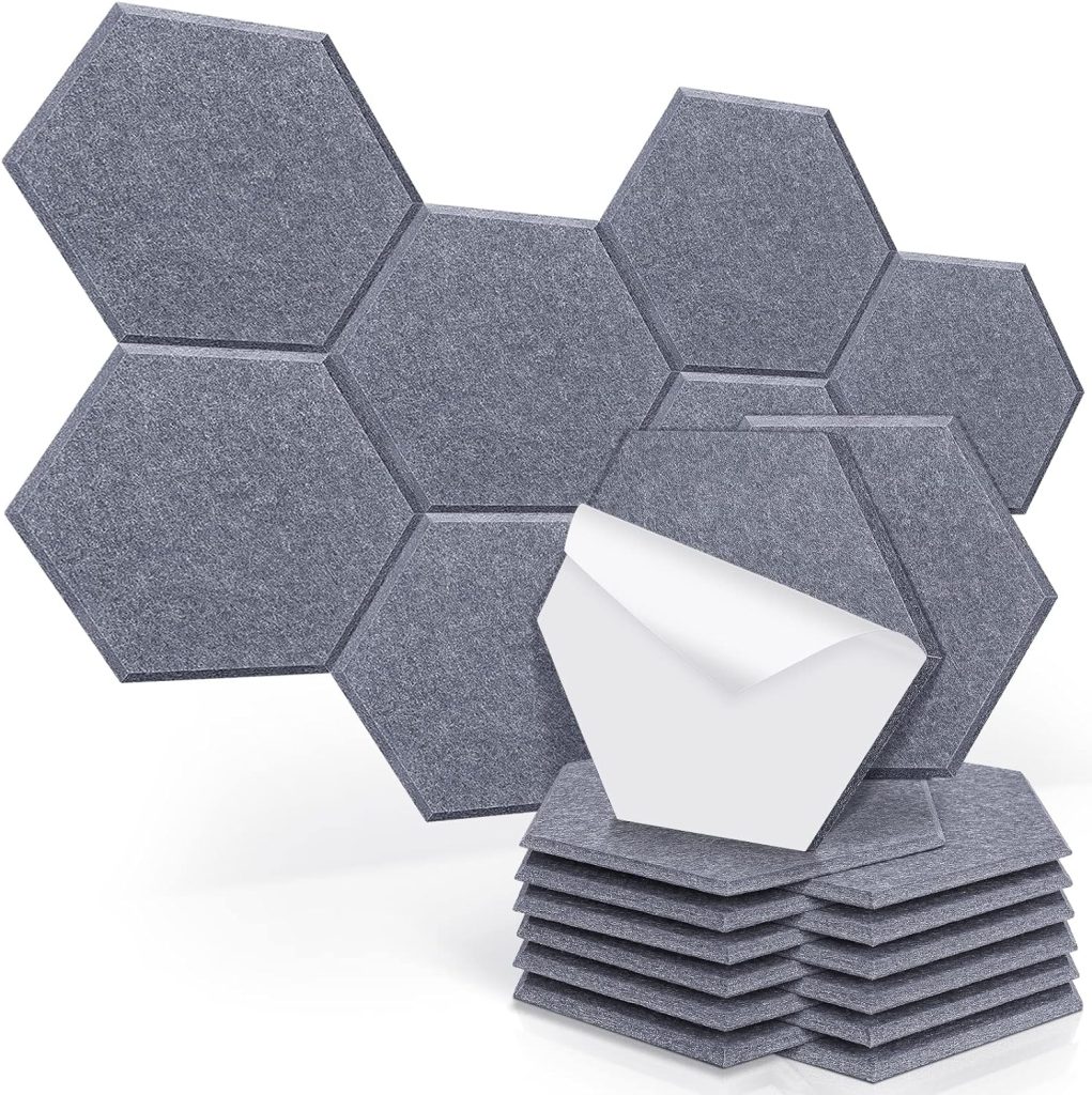 14 Pack Self-adhesive Hexagon Acoustic Panels, New Upgrade Proijeut 14 X 13 X 0.4 Inches Sound Proof Foam Panels High-Density Fireproof - Soundproof Wall Panels Absorbing Noise - Smoke Grey