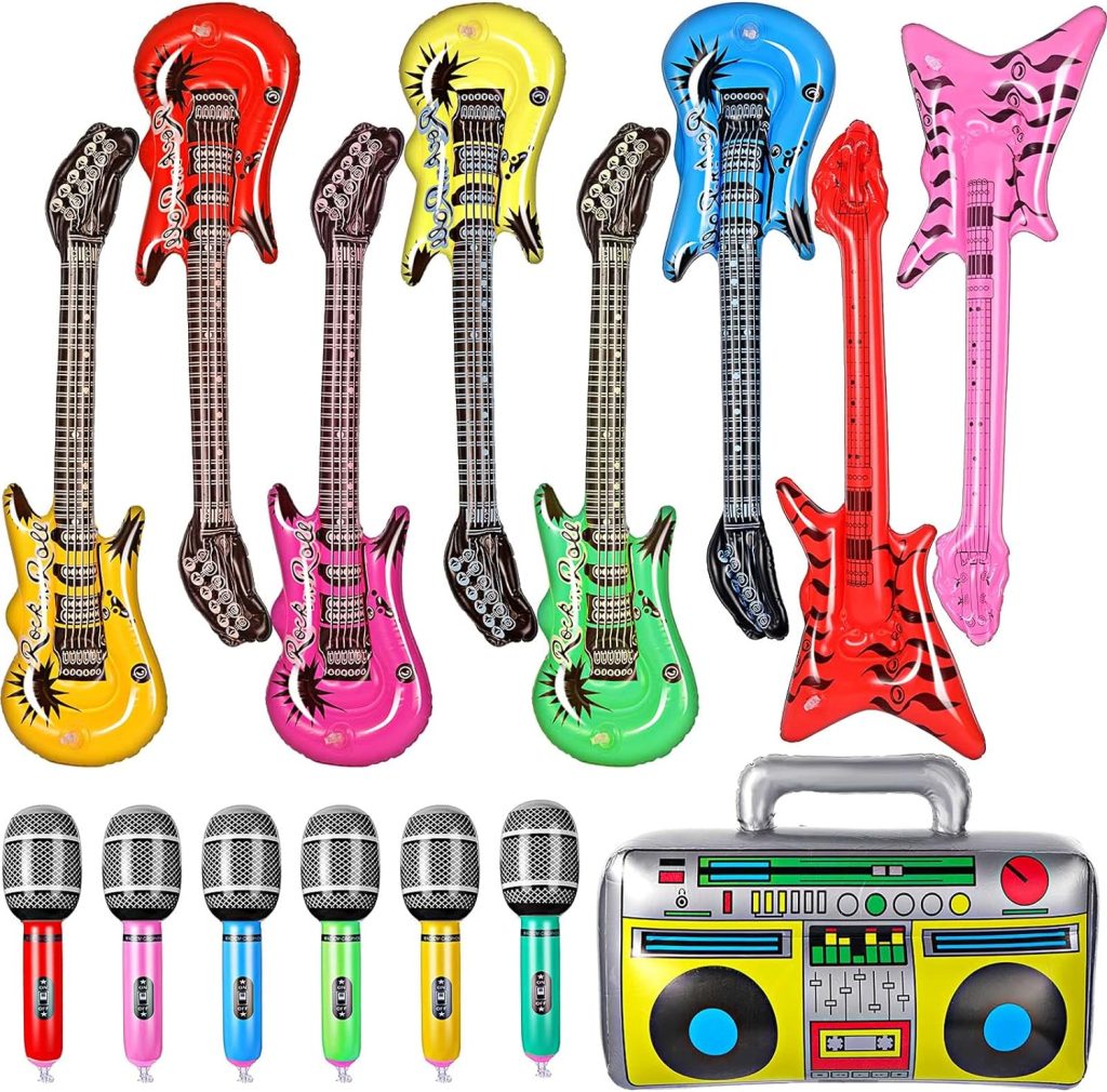 15 Pieces Inflatable Instruments Rock Star Toy Set Include Blow Up Guitar Inflatable Rock Electric Guitar, Inflatable Microphones, Inflatable Radio Boombox for 80s 90s Musical Themed Party