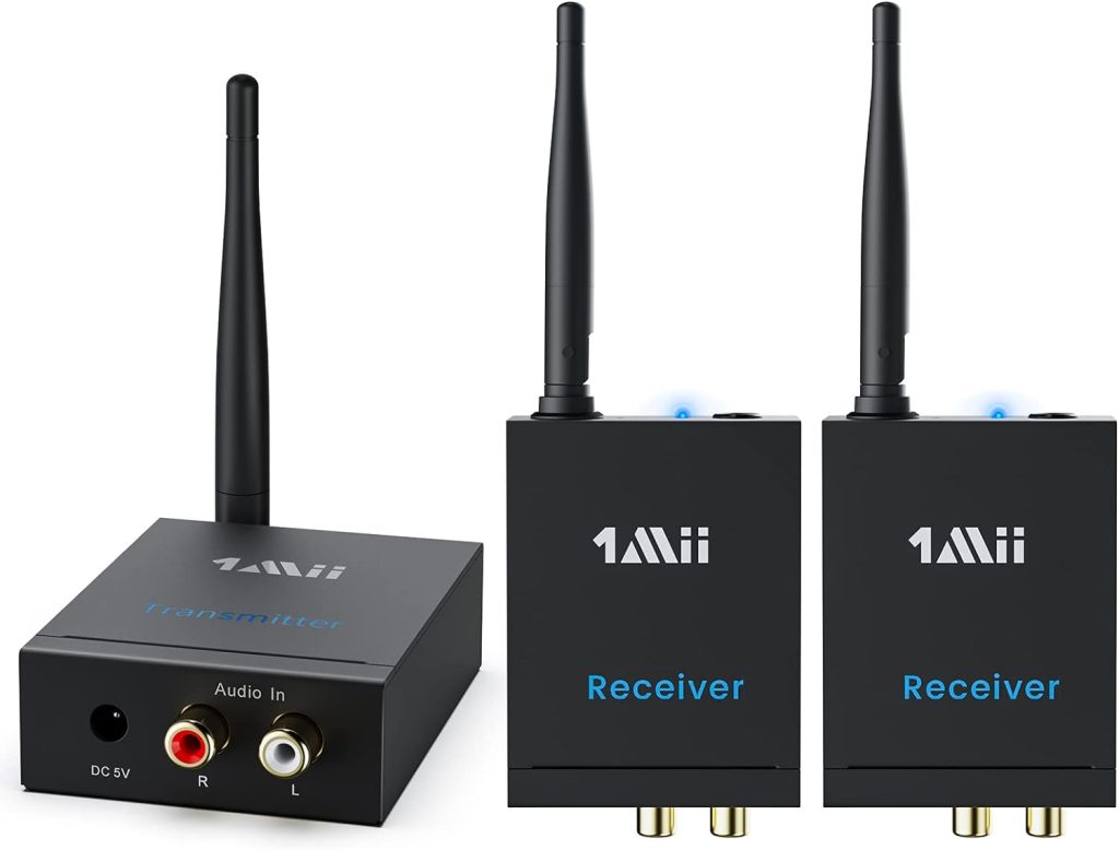 1Mii 3-in-1 2.4GHz Wireless Audio Transmitter and Receiver for TV, 20ms Ultra Low Delay RCA Out/in, 320 ft Range Wireless Adapter for Subwoofer to TV/PC/CD Player, 2 Receivers for Two Speakers