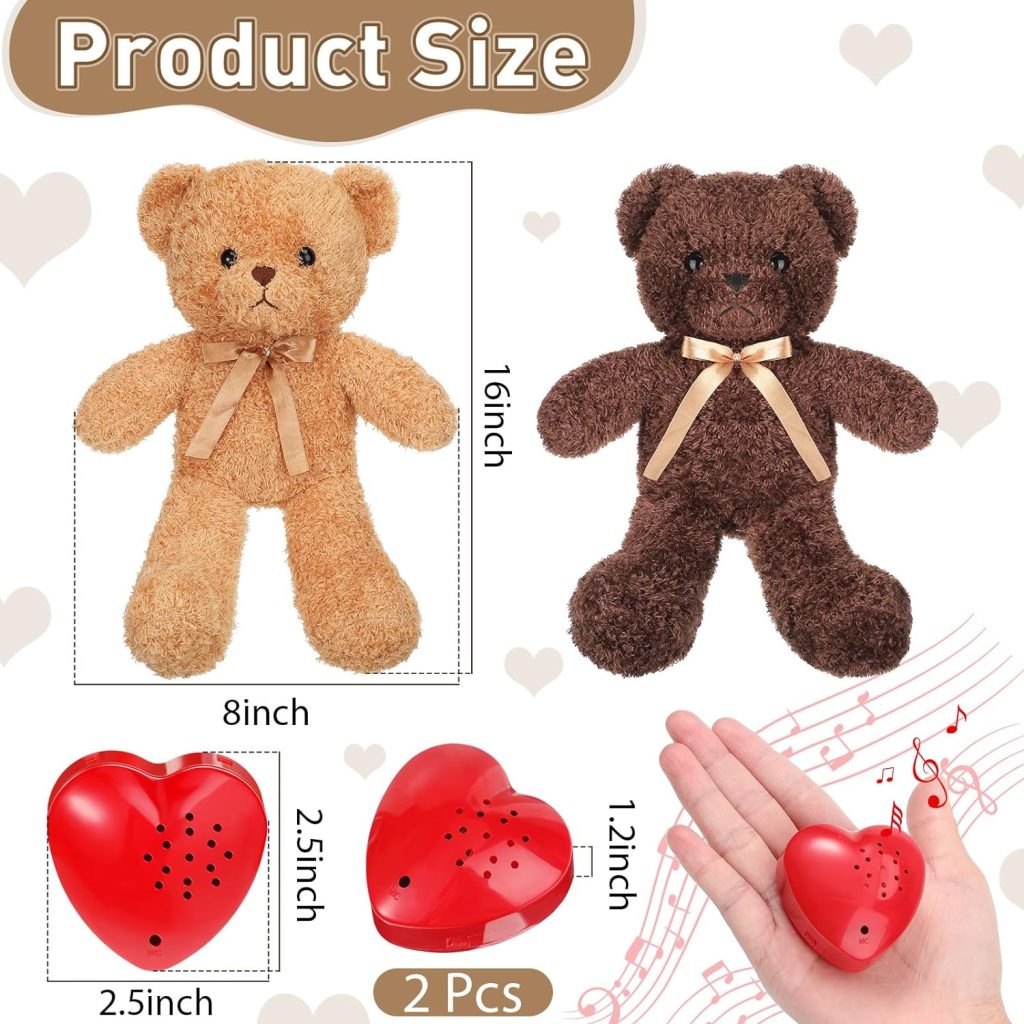 2 Pcs Bear Stuffed Animals with Voice Recorder Set 60 Seconds Voice Sound Recorder Module 16 Inch Soft Plush Bear Cute Stuffed Bear with Zipper Sound Box Recordable Heart for Boys Girls