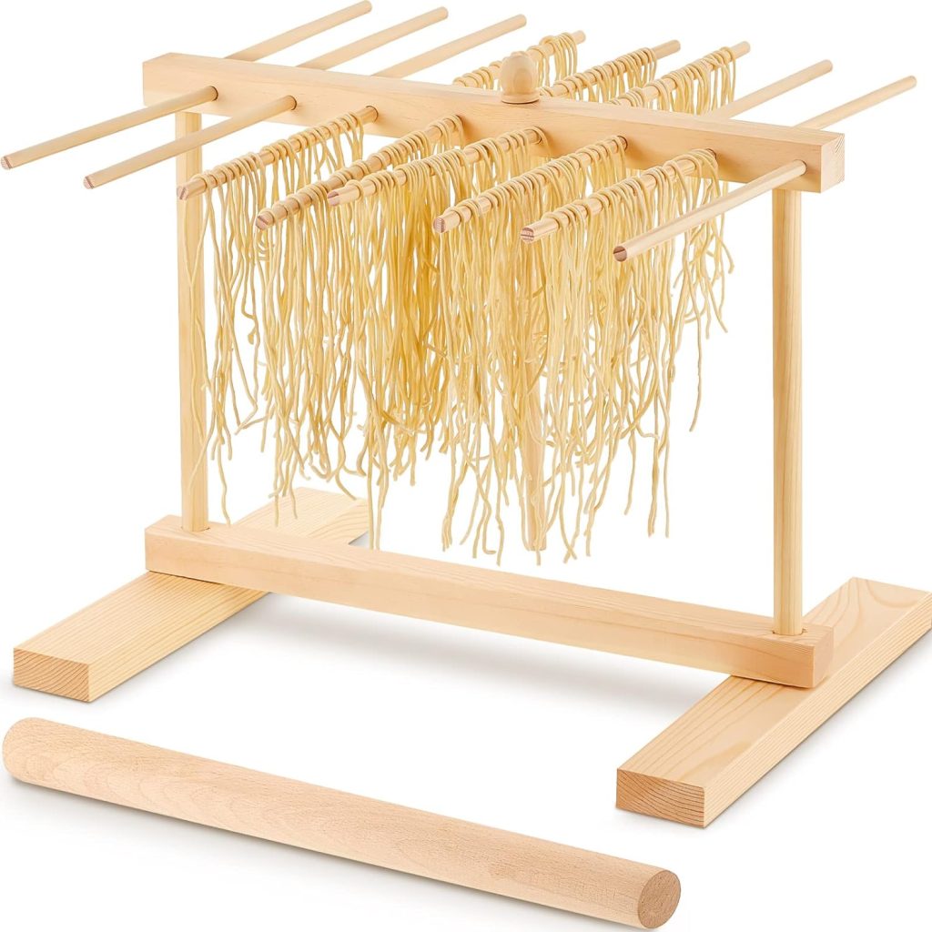 2 Pcs Wood Pasta Drying Rack Spaghetti Noodle Dryer for Homemade Noodle Natural Wood Noodle Drying Rack with Transfer Wand and 16 Bars and Rolling Pin for Baking Drying Pasta and Cooking Easy Storage