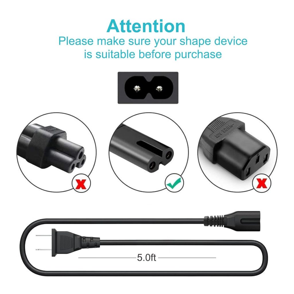 2 Prong AC Power Cord Fit for ONN. 100008736, JBL PartyBox 100 200 300 1000 310 710 1000 On-The-Go Bluetooth Speaker, ION Game Day Wireless Speaker Charger Supply Replacement Charging Cable Cord