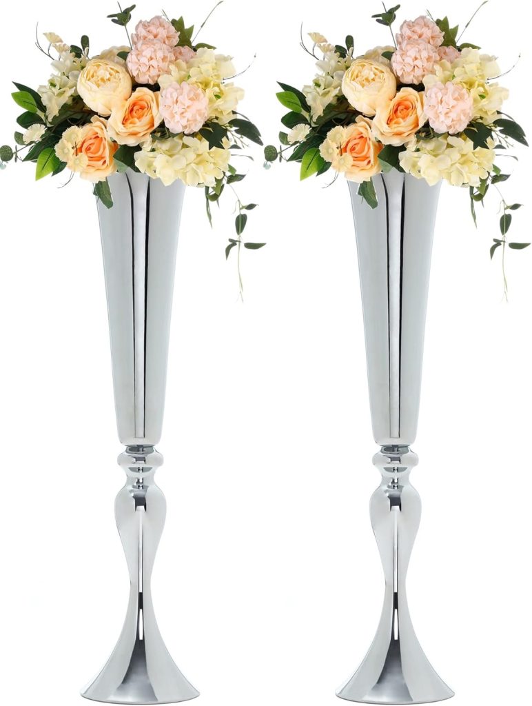 2 Set Trumpet Vases for Centerpieces Vases for Living Room, (22/56cm H) Tall Vase Wedding Centerpieces for Tables, Flower Stand and Wedding Table Decorations Silver Centerpieces for Party. (DKS56)