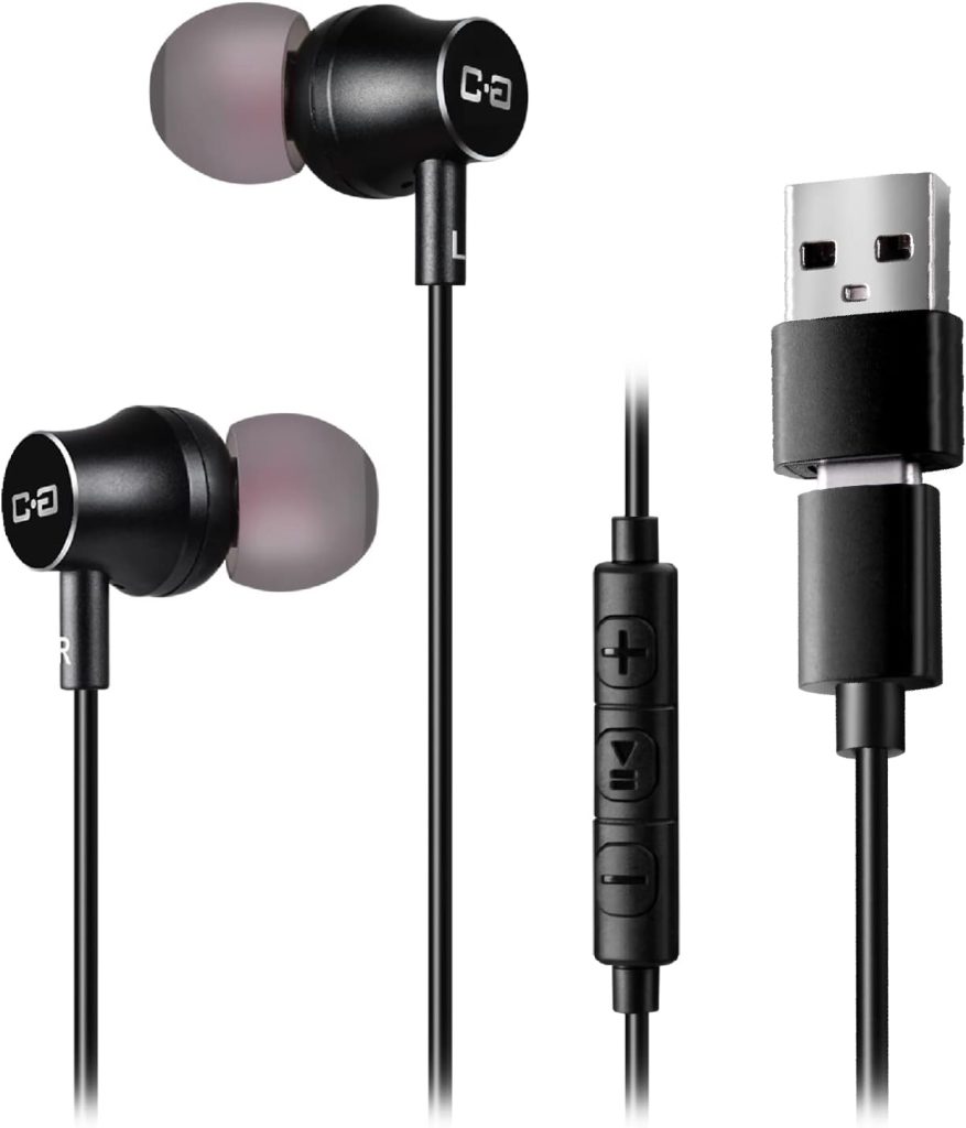 [2022 Upgraded] USB Earbuds with USB to C Adapter, 2-in-1 USB-C + USB-A Headphones Compatible with PC Computers, Mac  Smartphone Devices, Advanced DAC Sound Card, Clear Mic, Deep Bass, CGS-W1A