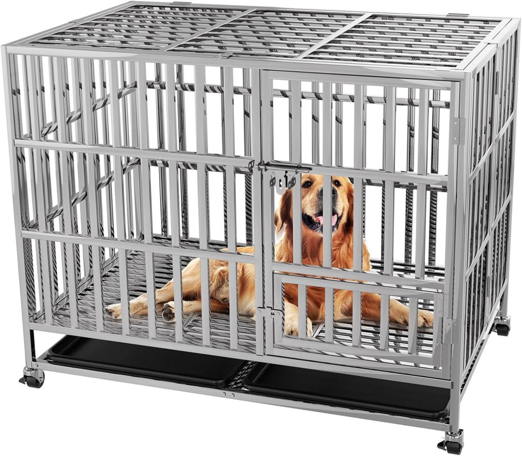 [2023 New] Foldable 43inch Heavy Duty Dog Crate Cage Kennel for Large High Anxiety Dogs, Indestructible Dog Kennels and Crates with Sturdy Locks, Removable Tray, Extra Large Escape Proof Dog Crate