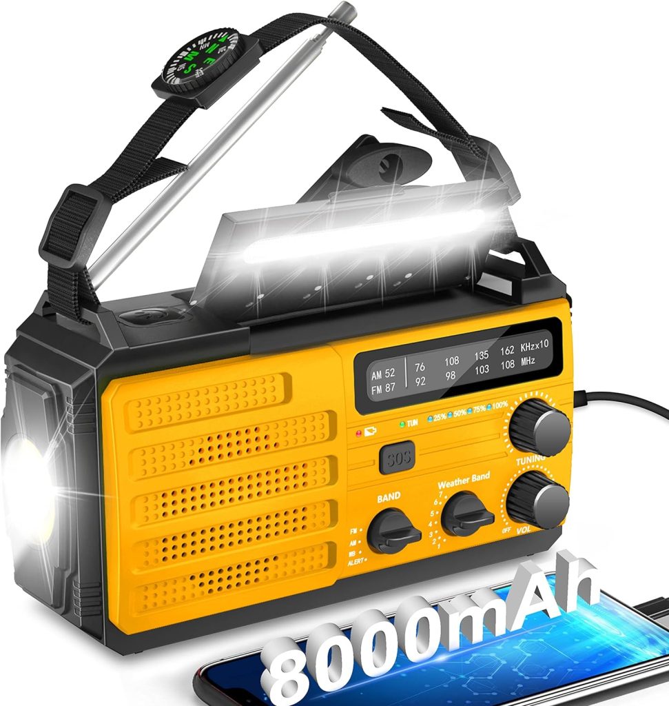 【2023 Newest】8000mAh Emergency Hand Crank Radio,AMFM NOAA Weather Alert Radio,Survival Solar Powered Radio with Super Bright Flashlight,SOS Alarm,Phone Charger,Compass for Hurricane,Outdoor Emergency