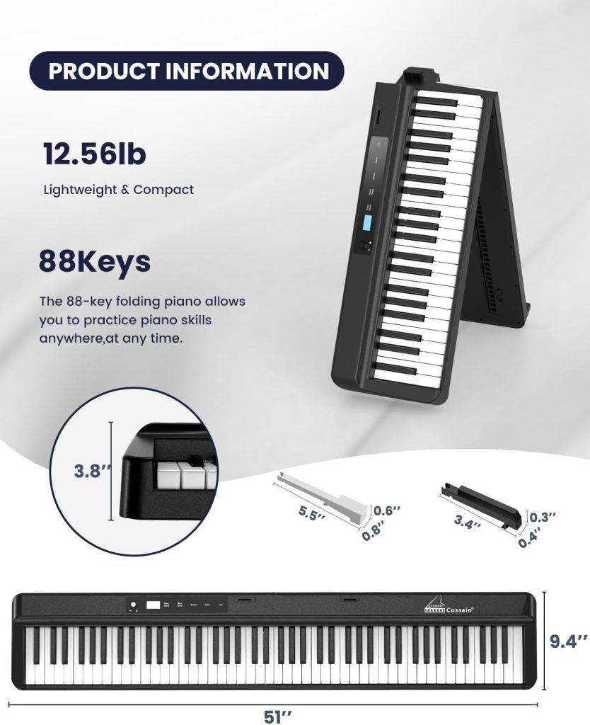 [2023 Upgraded] Full Size Digital Piano Keyboard, 88 Key Folding Piano with Bluetooth MIDI, Semi-Weighted Portable Piano Keyboards, Wood Grained Electric Piano for Beginners, Kids, Adults By COSSAIN