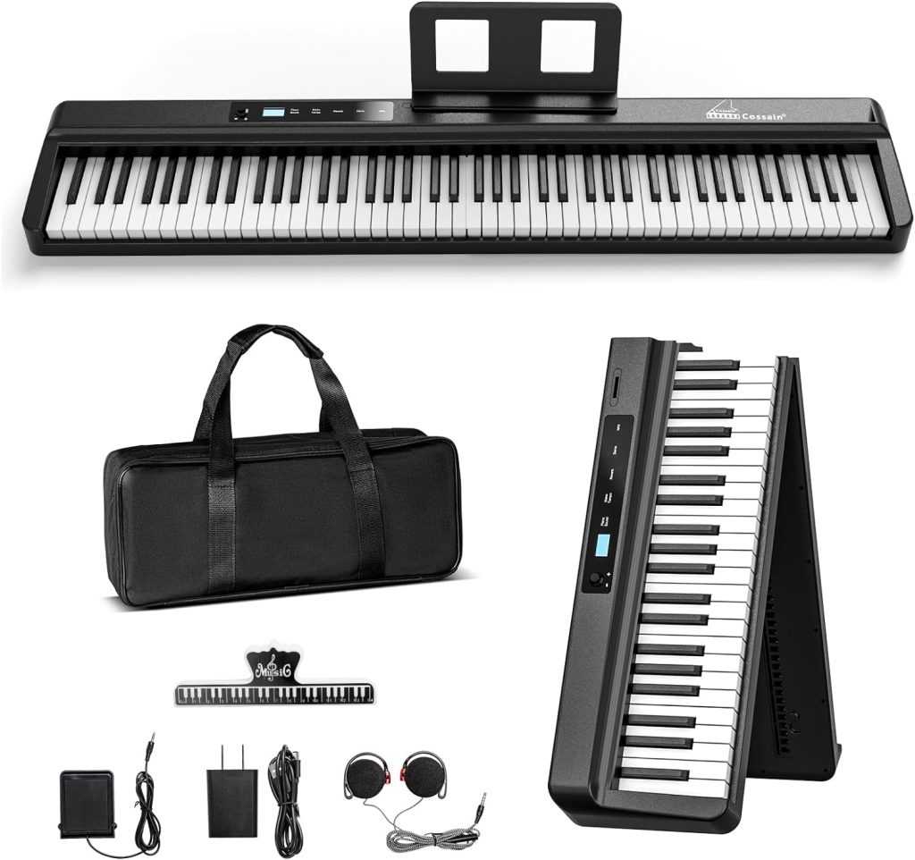 [2023 Upgraded] Full Size Digital Piano Keyboard, 88 Key Folding Piano with Bluetooth MIDI, Semi-Weighted Portable Piano Keyboards, Wood Grained Electric Piano for Beginners, Kids, Adults By COSSAIN