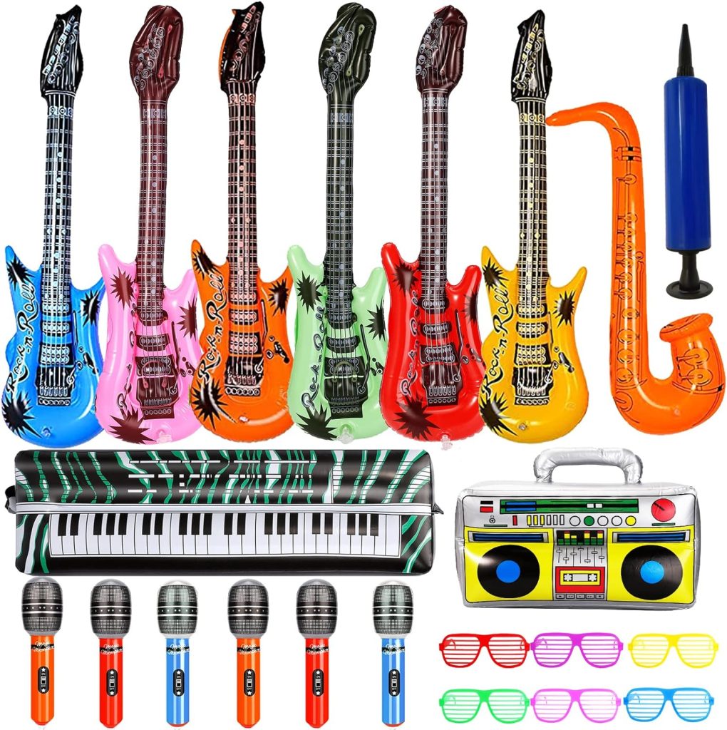 22 Pack Inflatable Guitar,Blow Up Guitar,Inflatable Rock Star Toy Set,6 Inflatable Guitars,6 Microphones,6 Shutter Shading Glasses,1 Saxophone,1 Inflatable Piano,1 Inflatable Recorder