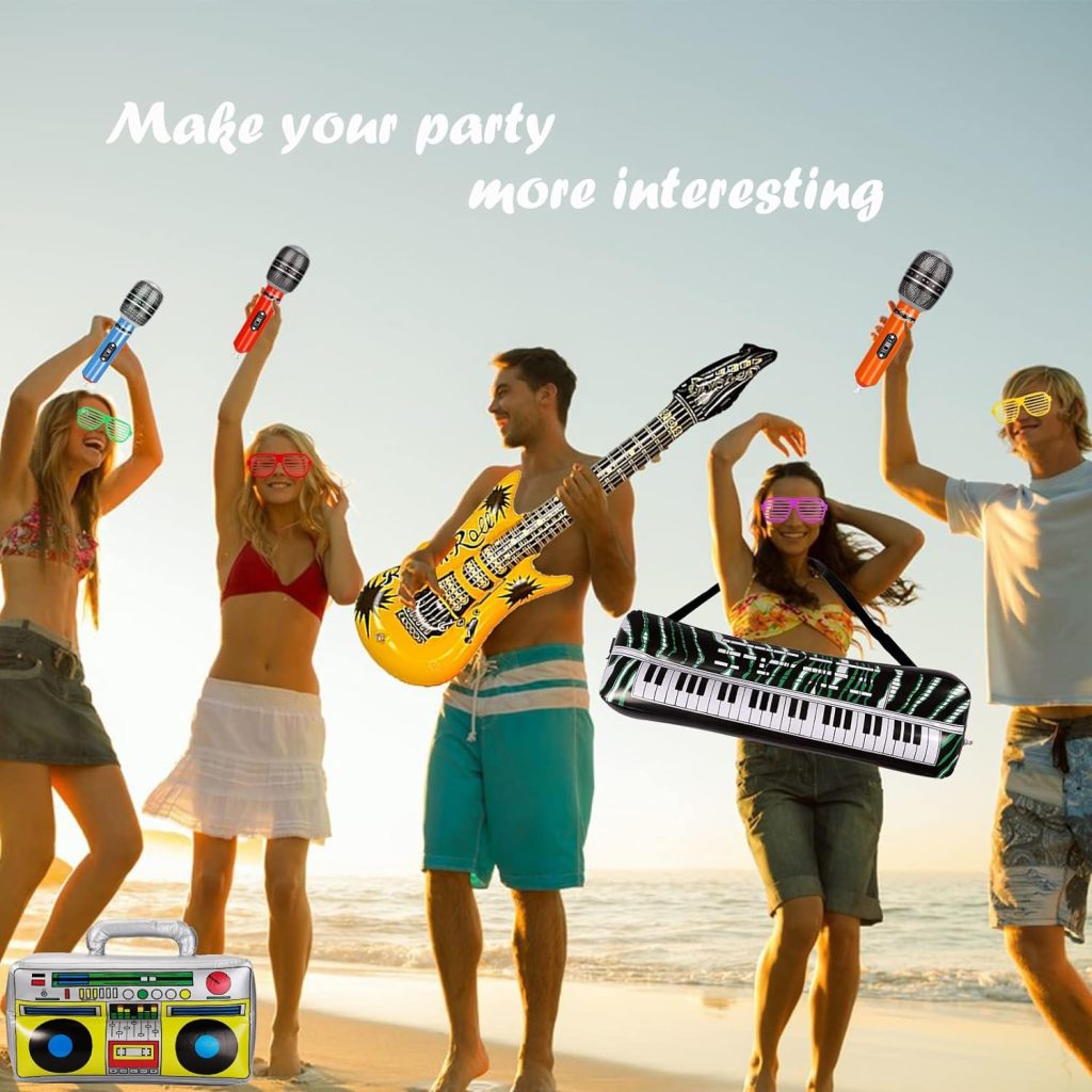 22 Pack Inflatable Guitar,Blow Up Guitar,Inflatable Rock Star Toy Set,6 Inflatable Guitars,6 Microphones,6 Shutter Shading Glasses,1 Saxophone,1 Inflatable Piano,1 Inflatable Recorder