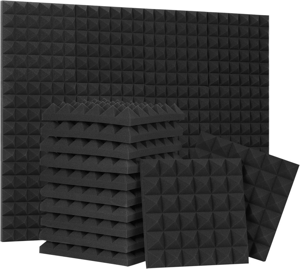 24 Pack-12 x 12 x 2 Inches Pyramid Designed Acoustic Foam Panels, Sound Proof Foam Panels Black, High Density and Fire Resistant Acoustic Panels, Sound Panels, Studio Foam for Wall and Ceiling