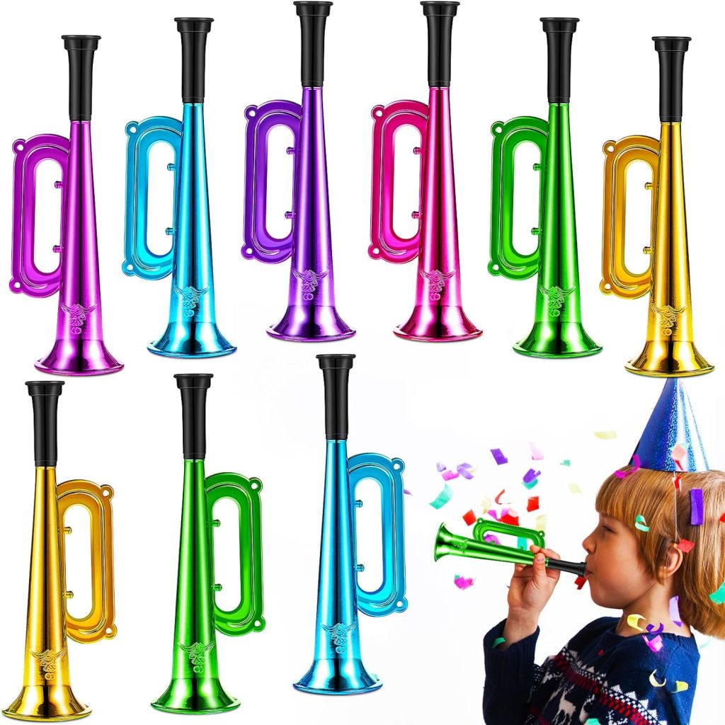 24 Pack Metallic Trumpets Plastic Musical Instruments Noise Makers Plastic Trumpet Toy Trumpet Music Party Favors Noisemaker Toys for Parties Events Stage Props, Assorted Colors, 7 Inch