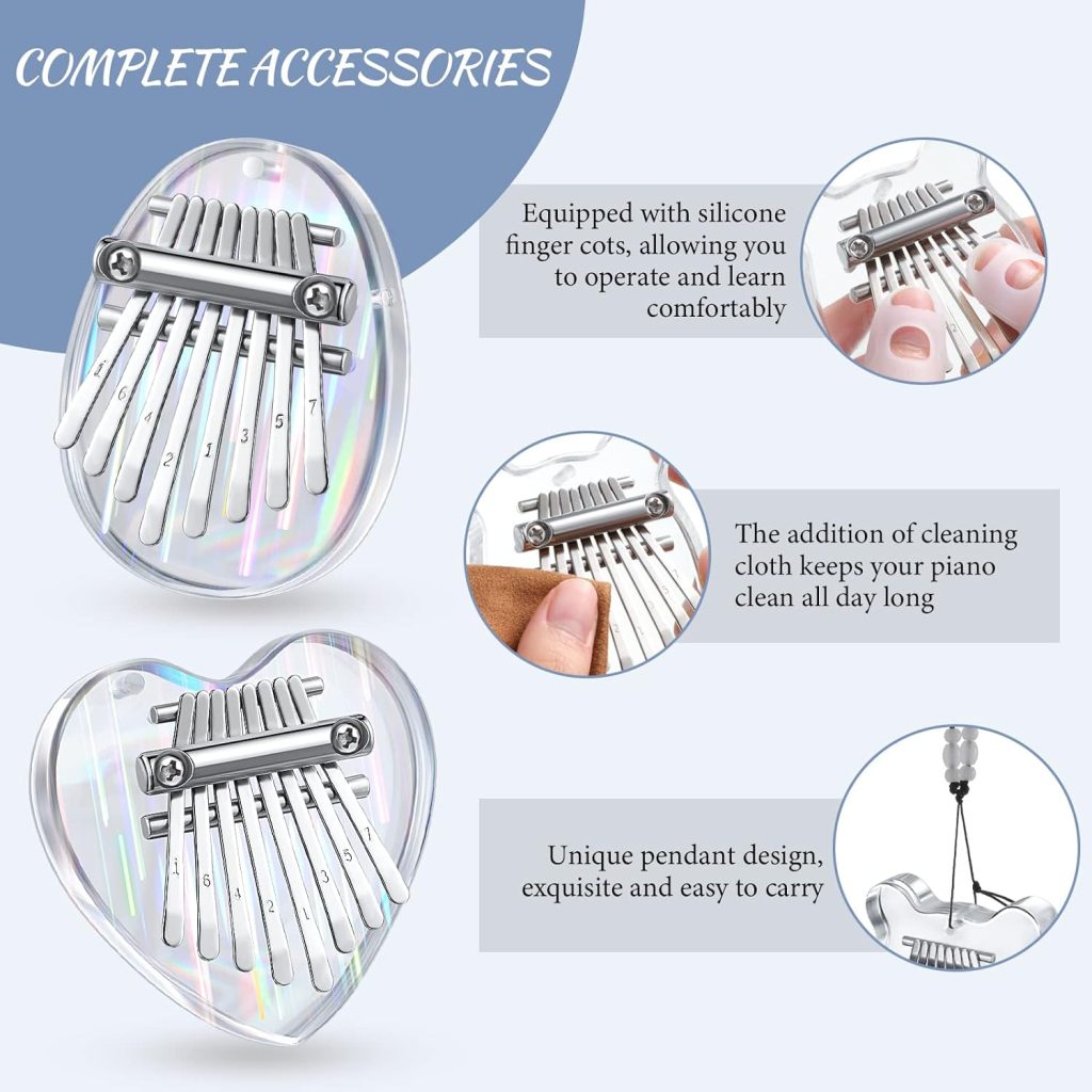 24 PCS 8 Keys Mini Kalimba Piano Set, Include 4 Mini Exquisite Finger Thumb Piano 4 Lanyard 4 Chains 8 Finger Protector 4 Cleaning Cloth for Kids Adults Beginners Gift (Stylish Style)