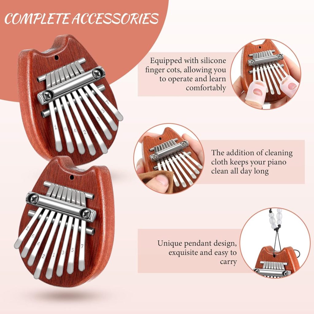 24 Pieces 8 Keys Mini Kalimba Piano Set, 4 Mini Exquisite Finger Thumb Piano 4 Lanyard 4 Chains 8 Finger Protector 4 Cleaning Cloth Marimba Music for Kids Adult Beginner Gift