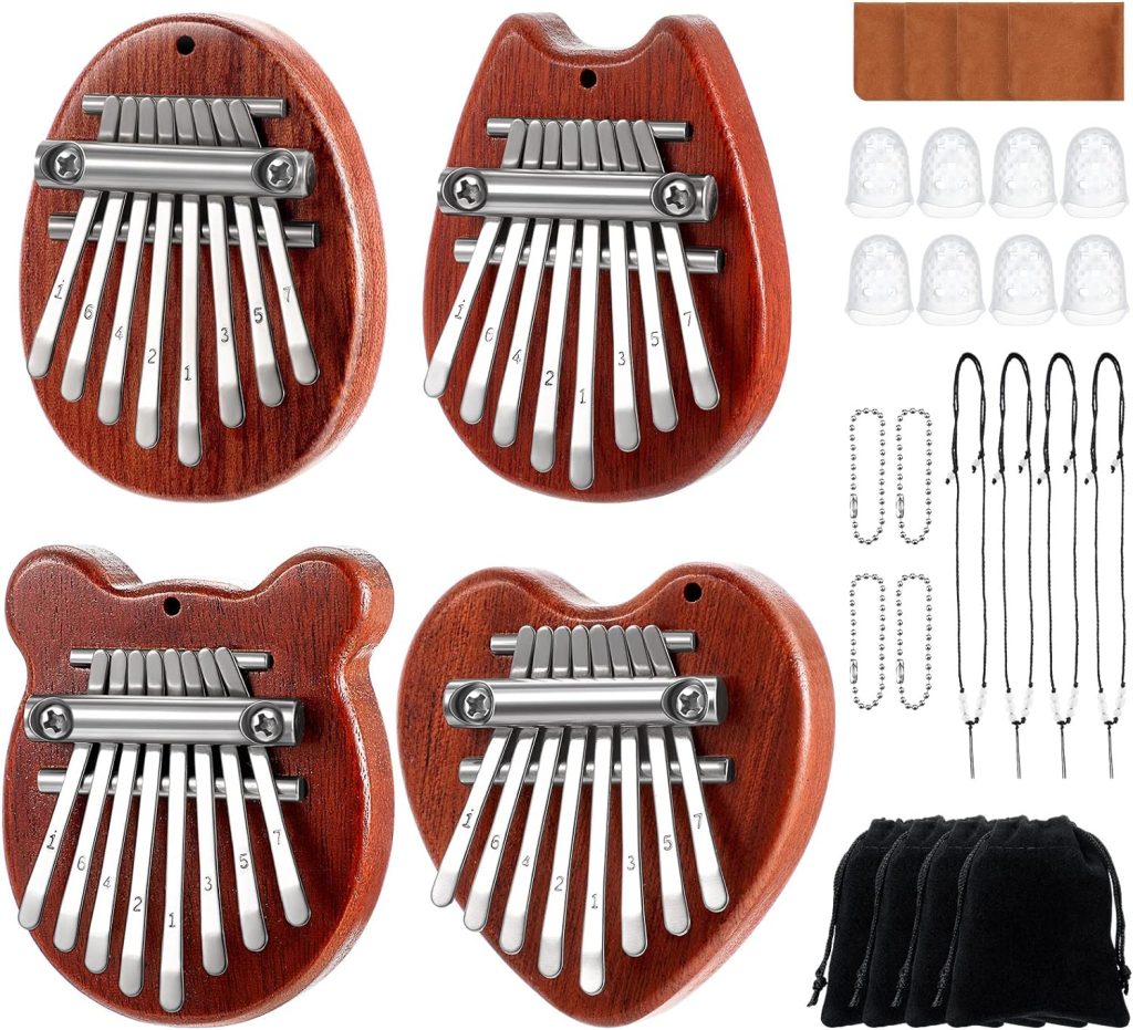 24 Pieces 8 Keys Mini Kalimba Piano Set, 4 Mini Exquisite Finger Thumb Piano 4 Lanyard 4 Chains 8 Finger Protector 4 Cleaning Cloth Marimba Musical Pendant Gift for Kids and Adults Beginners