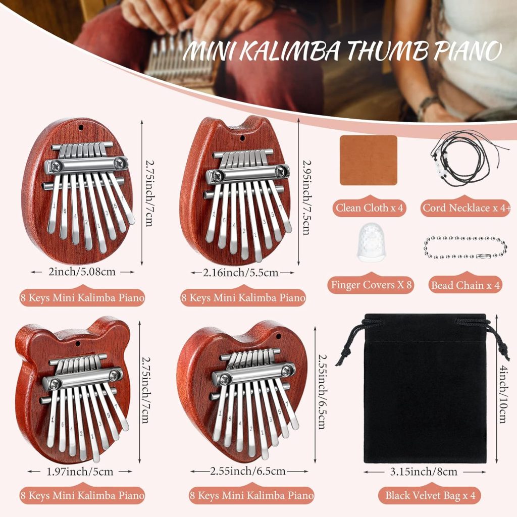 24 Pieces 8 Keys Mini Kalimba Piano Set, 4 Mini Exquisite Finger Thumb Piano 4 Lanyard 4 Chains 8 Finger Protector 4 Cleaning Cloth Marimba Musical Pendant Gift for Kids and Adults Beginners
