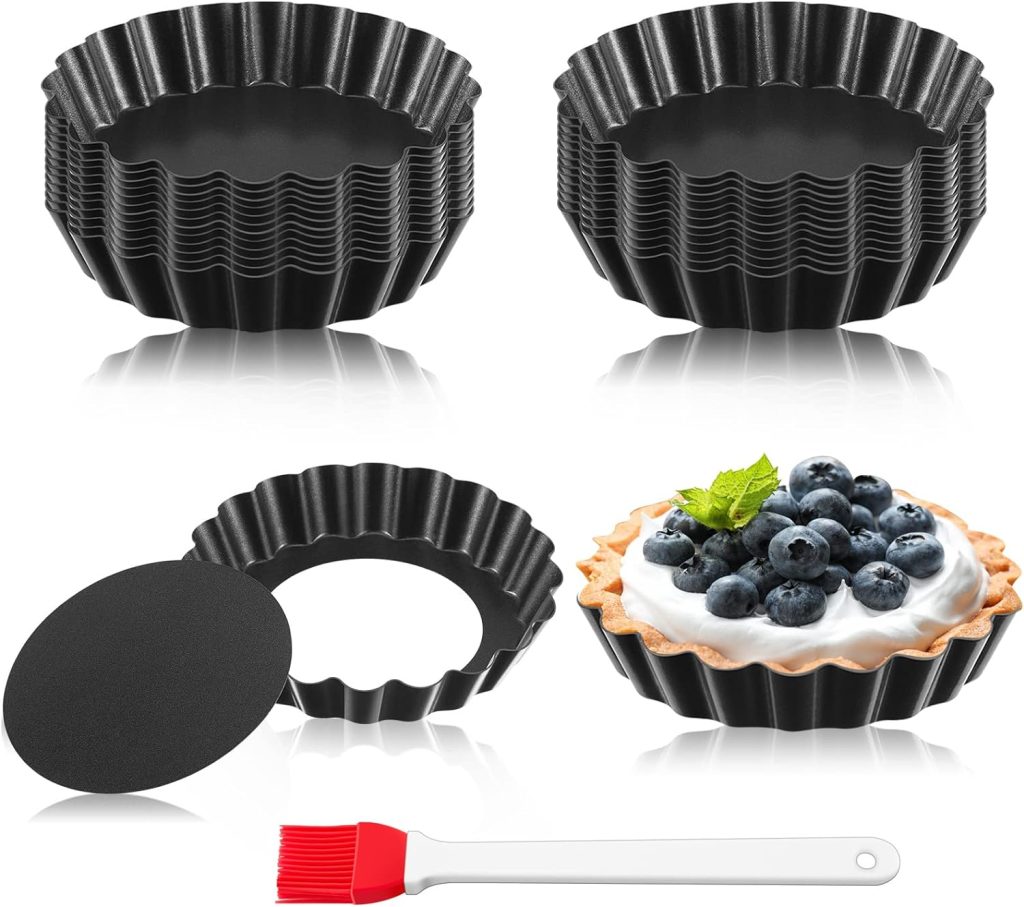 24 Pieces Mini Tart Pans with Removable Bottom 4 Inch Round Nonstick Quiche Pan Fluted Sided Tart Tins Non Stick Small Tart Mold for Kitchen Baking Pies, Tartlets, Mousse Cakes, Muffins