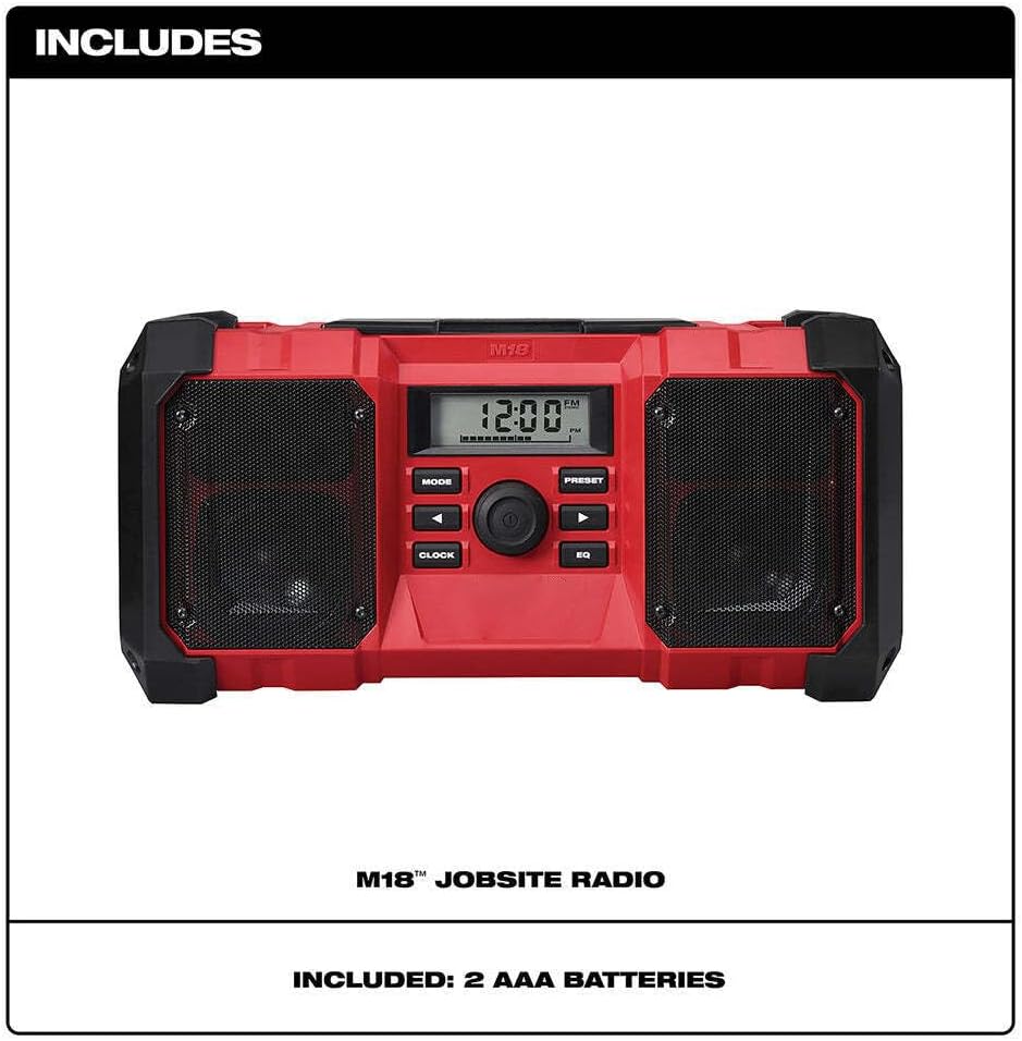 2890-20 Suitable for Milwaukee M18 18V Jobsite Radio with Shock Absorbing End Caps, USB 2.1A Smartphone Charging, and 3.5mm Aux Jack - Bare Tool