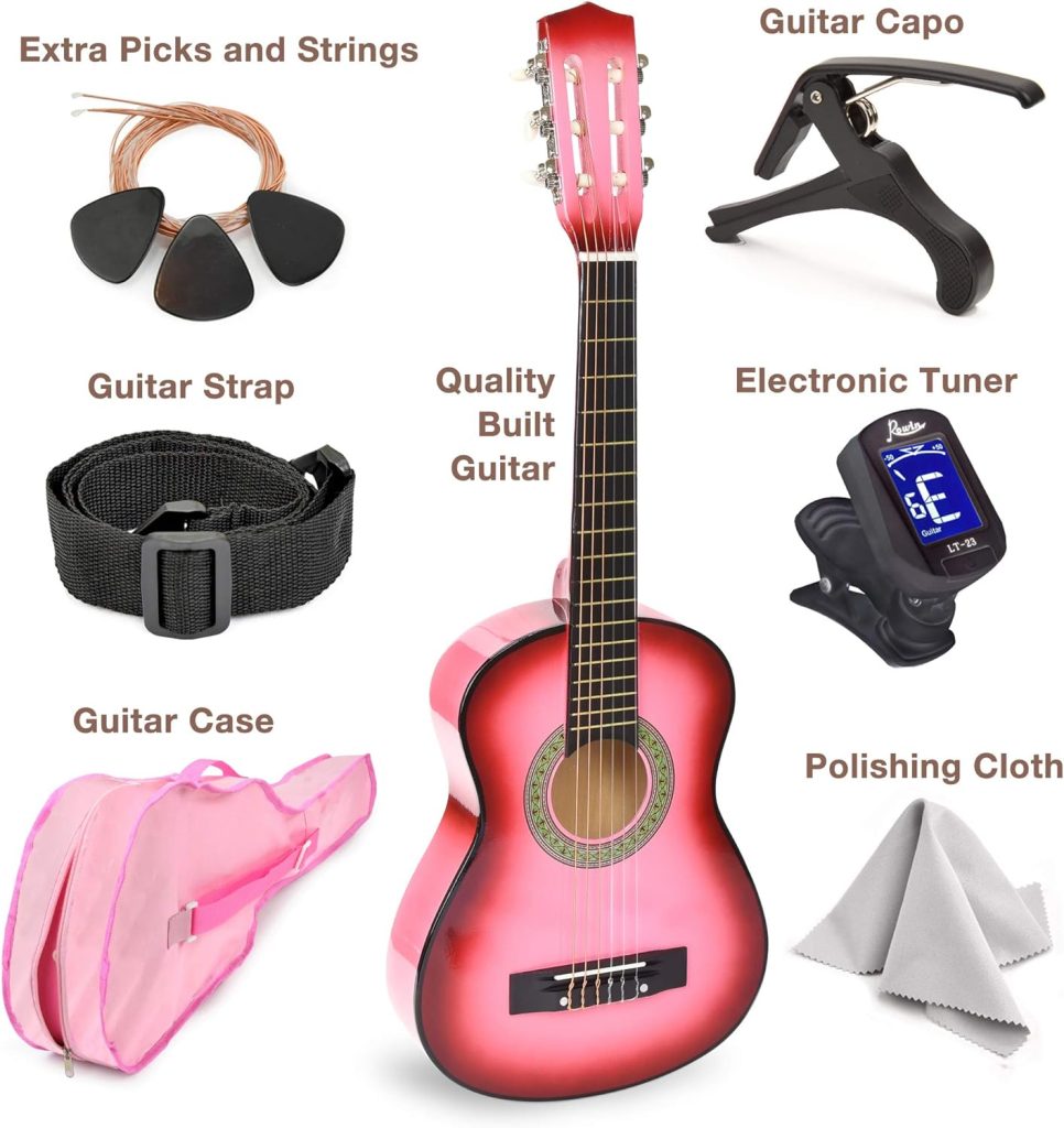 30 Wood Classical Guitar with Case and Accessories for Kids/Girls/Boys/Beginners (Pink)