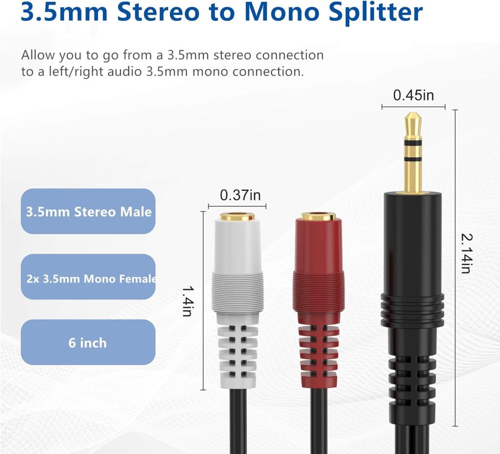 3.5mm Stereo to Dual Mono Cable, 2 Pack 6inch 18 TRS Male to 2 TS Mono Female Adapter Gold-Plated Connector Audio Y Splitter Cord, RFAdapter for Headphone, Speaker, RF0A0204A-2-CA