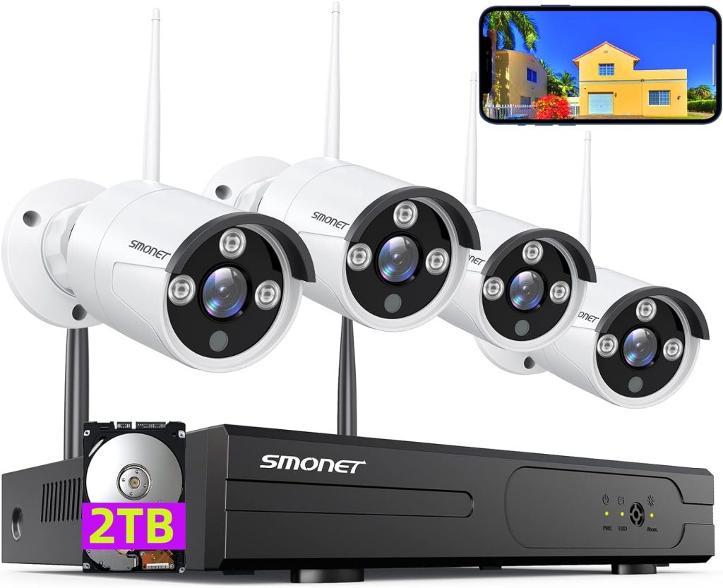 [3MP HD,Audio] SMONET WiFi Security Camera System,2TB Hard Drive,8CH Home Surveillance NVR Kit,4 Packs Outdoor Indoor IP Cameras Set,IP66 Waterproof,Free Phone APP,Night Vision,24/7 Video Recording