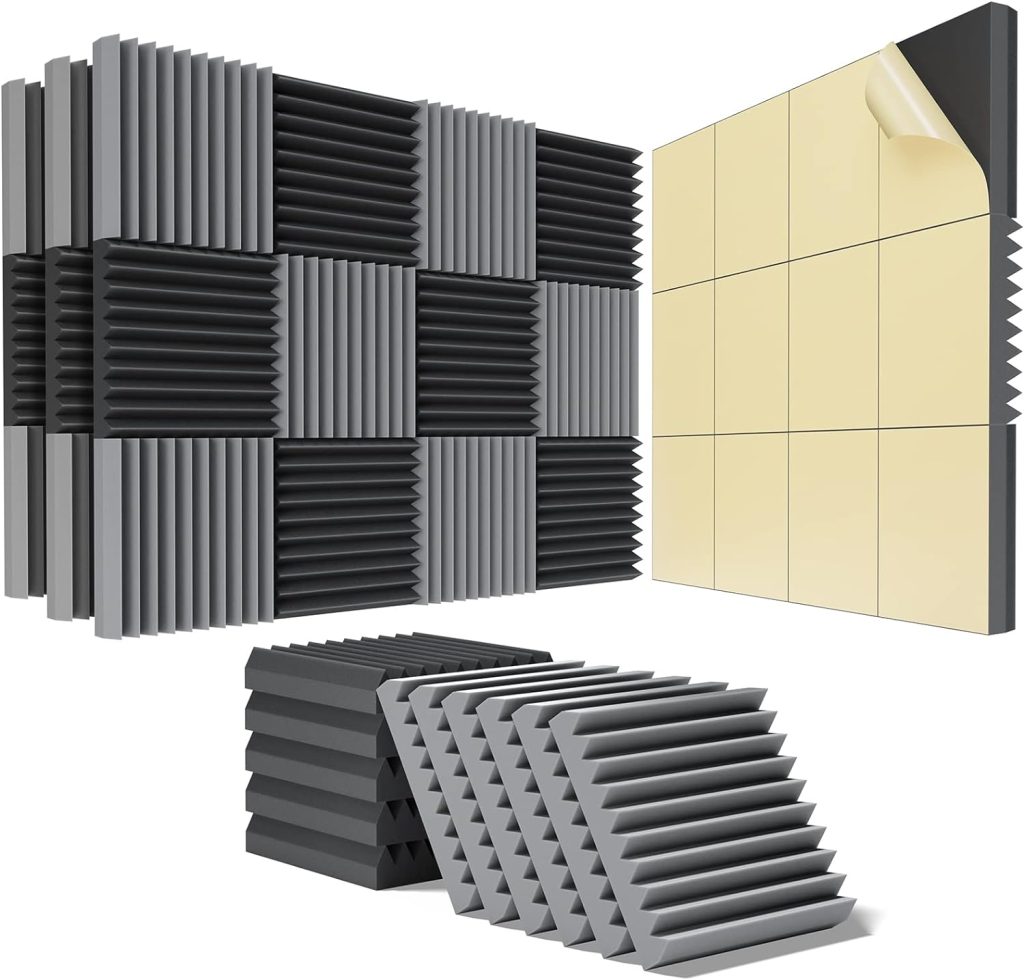 48 pack Acoustic Panels Self-Adhesive, 2 X 12 X 12 Quick-Recovery Sound Proof Foam Panels, Acoustic Foam Wedges High Density, Soundproof Wall Panels for Home Studio,Black-Gray