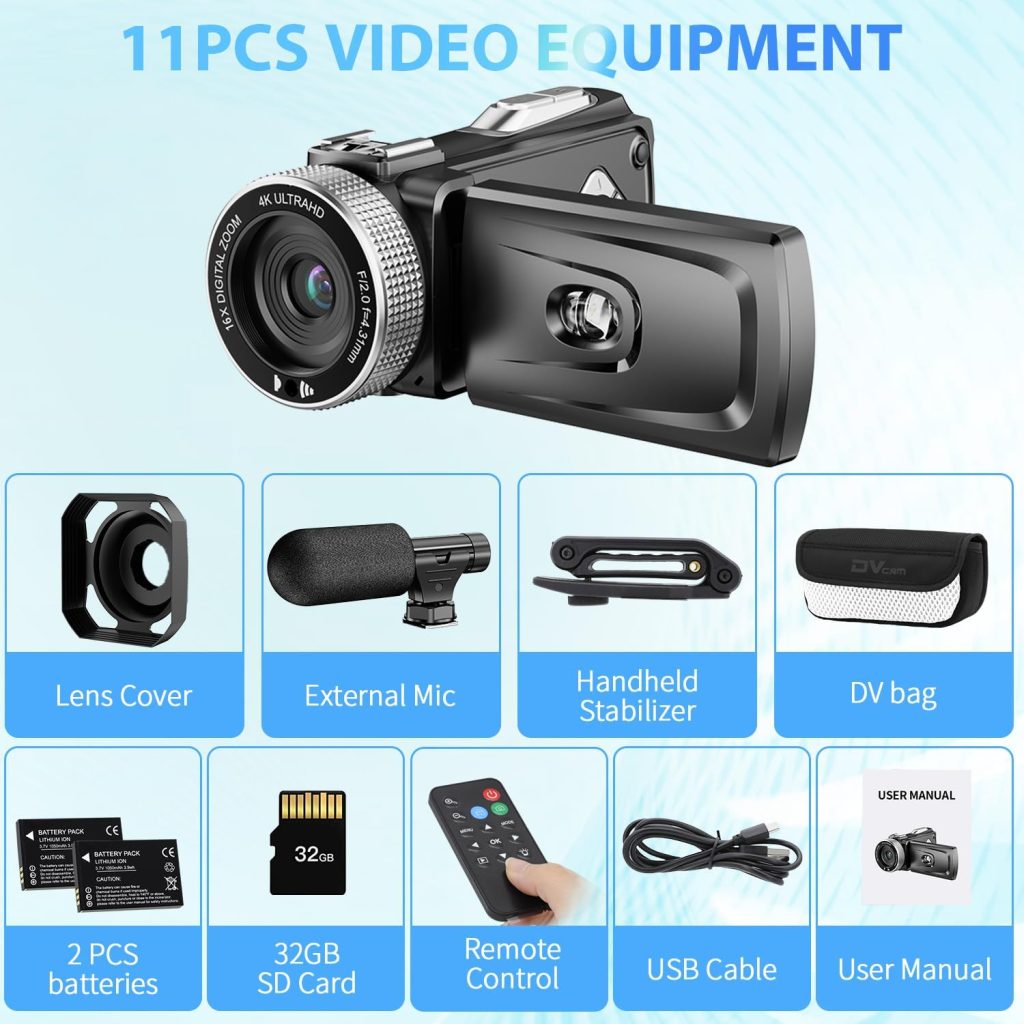 4K Video Camera Camcorder for Recording - 60FPS 3.0 Flip Screen 16 X Digital Zoom 4K Ultra HD Camera for Youtube Webcam Vlogging Starter to Make Films with External Microphone, 2 Batteries, Lens Hood