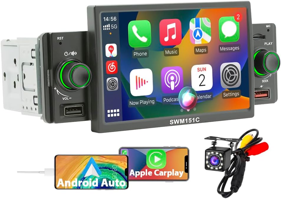 5 Inch Single Din Car Stereo Built-in Apple CarPlay/Android Auto/Mirror-Link Features, Full HD IPS Touchscreen Radio with Bluetooth 5.1 Handsfree, 12LED Waterproof Backup Camera, Voice Assistant
