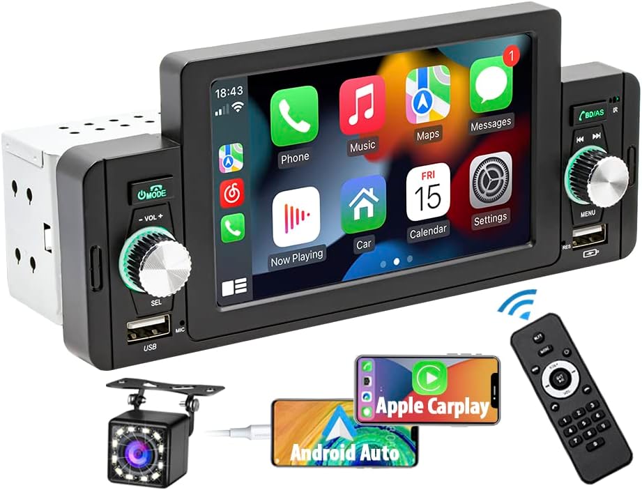 5 Inch Single Din Car Stereo Built-in Apple CarPlay/Android Auto/Mirror-Link, Touchscreen Radio Receiver with Bluetooth 5.1 Handsfree and 12LED HD Backup Camera, FM USB Audio Video Player