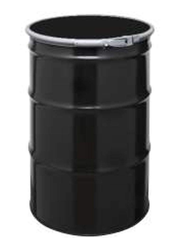 55 Gal Steel Drum Open-Head | Black | Metal Barrel | Rust Inhibitor Lining | Lever Lock Ring Closure