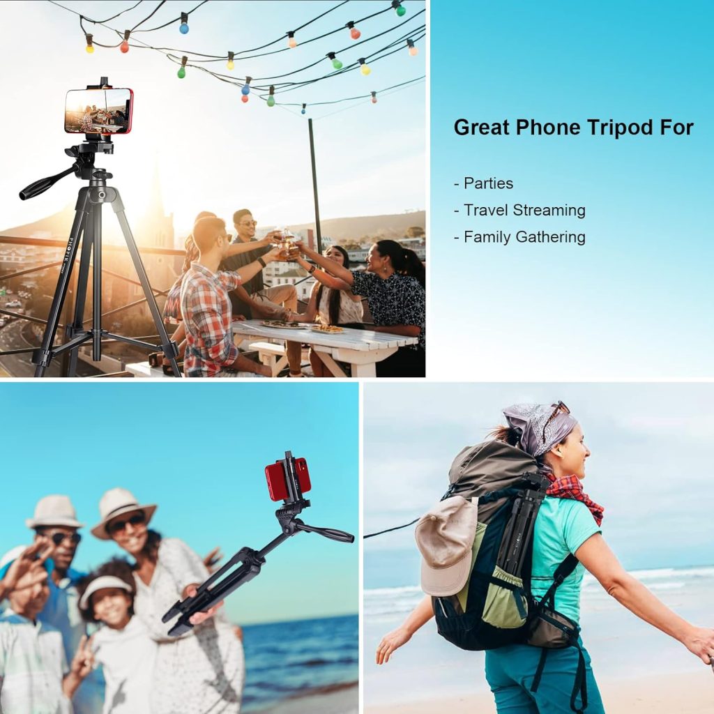 55 Phone Tripod, PHOPIK Aluminum Extendable Tripod Stand with Shutter, Carrying Bag, Compatible with iPhone/Android/Sport Camera Perfect for Video Recording/Selfies/Live Stream/Vlogging