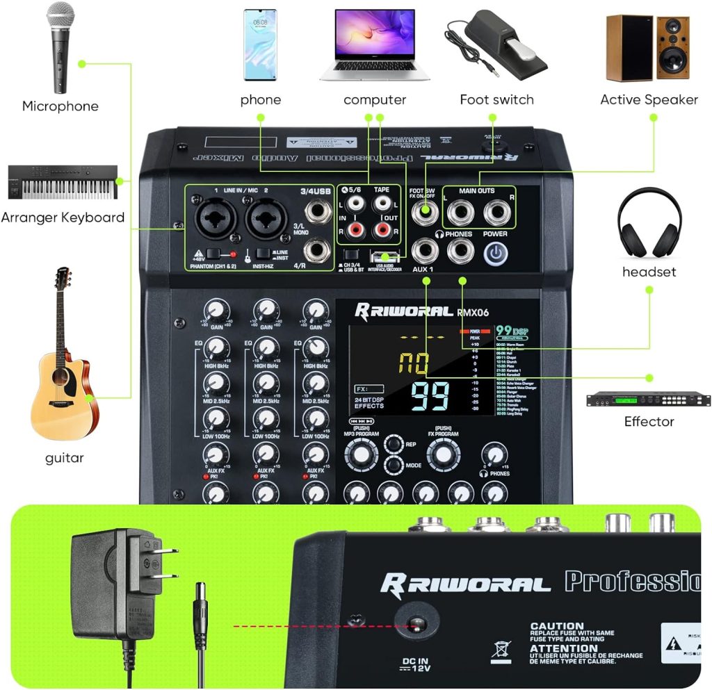 6 Channel Audio Interface Mixing Sound Board 99 Dsp Digital Effects With 48khz/24bit Bluetooth USB Rac Interface As Mp3 Player Audio Mixer Feet Switch On/off For Karaoke Dj Studio Streaming Recording