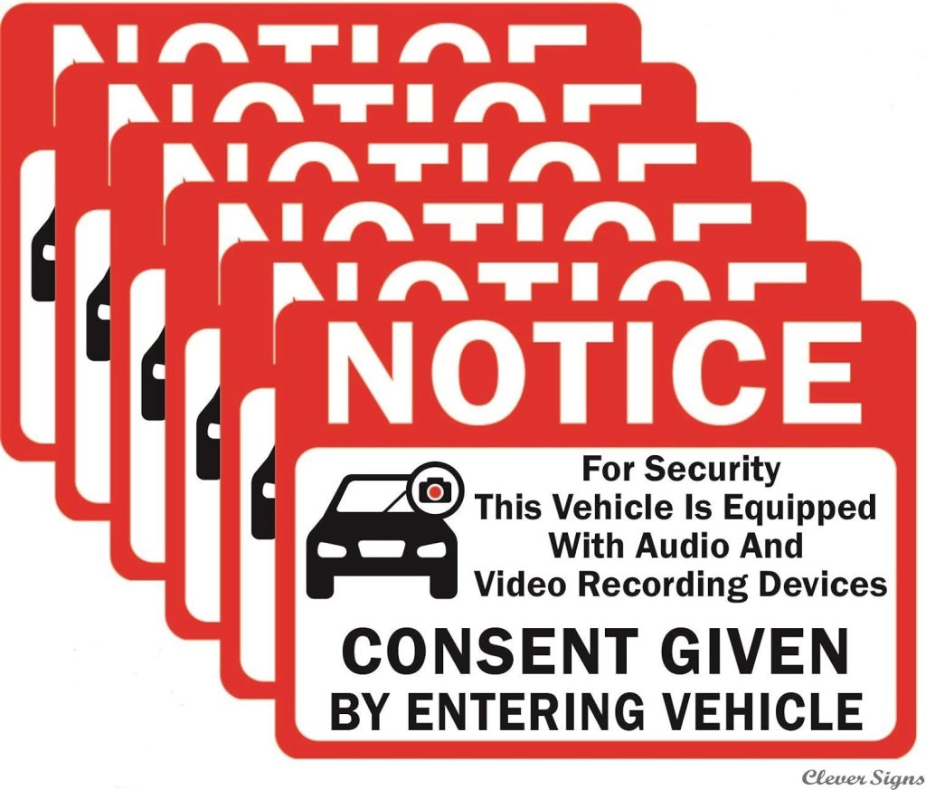 6-Pack Double Sided 3.5x2.5- Notice Vehicle is Equipped With Audio And Video Recording Devices Consent By Entering Car Sticker-Double Sided Vinyl Decal, UV Protected, Waterproof, IndoorOutdoor Use