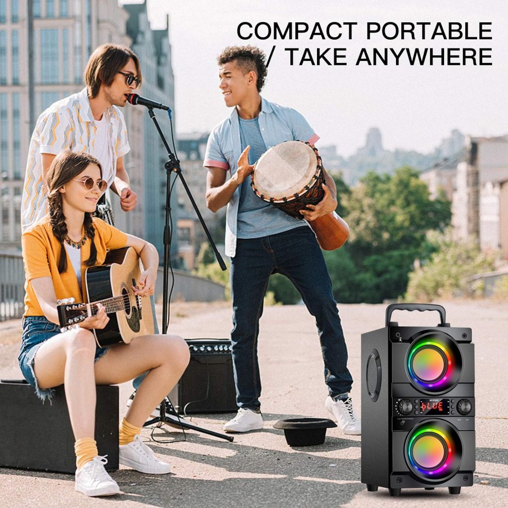 60W (80W Peak) Portable Bluetooth Speaker with Double Subwoofer Heavy Bass, Bluetooth 5.0 Wireless 100ft Outdoor Speaker, Support FM Radio, LED Colorful Lights, Stereo Sound, EQ, for Home Party Travel