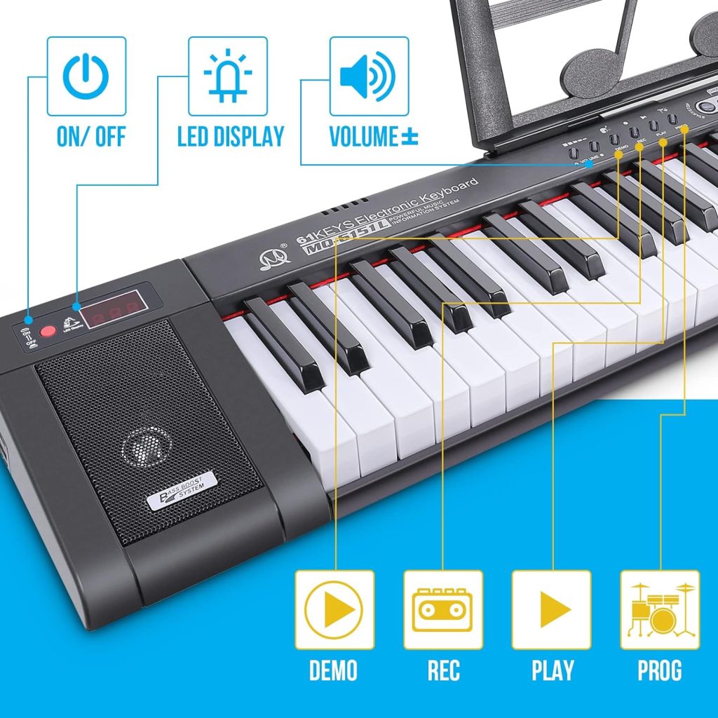 61-Key Electric Keyboard Piano, Portable Piano Keyboard with Music Stand, Microphone, Full-Size, Built-in Speakers, Dual Power Supply, Music Digital Piano for Beginners Kids Adult