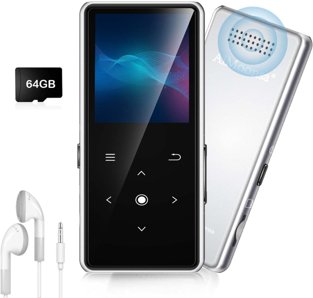 64GB MP3 Player with Bluetooth 5.2, AiMoonsa Music Player with Built-in HD Speaker, FM Radio, Voice Recorder, HiFi Sound, E-Book Function, Earphones Included