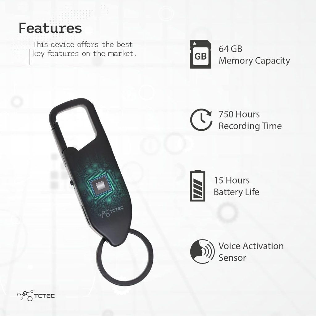 64GB TCTEC Keychain Voice Recorder, Voice Activated Recorder with 750 Hours Recording Capacity, Audio Noise Reduction with Playback, for Lectures, Meetings, Interviews