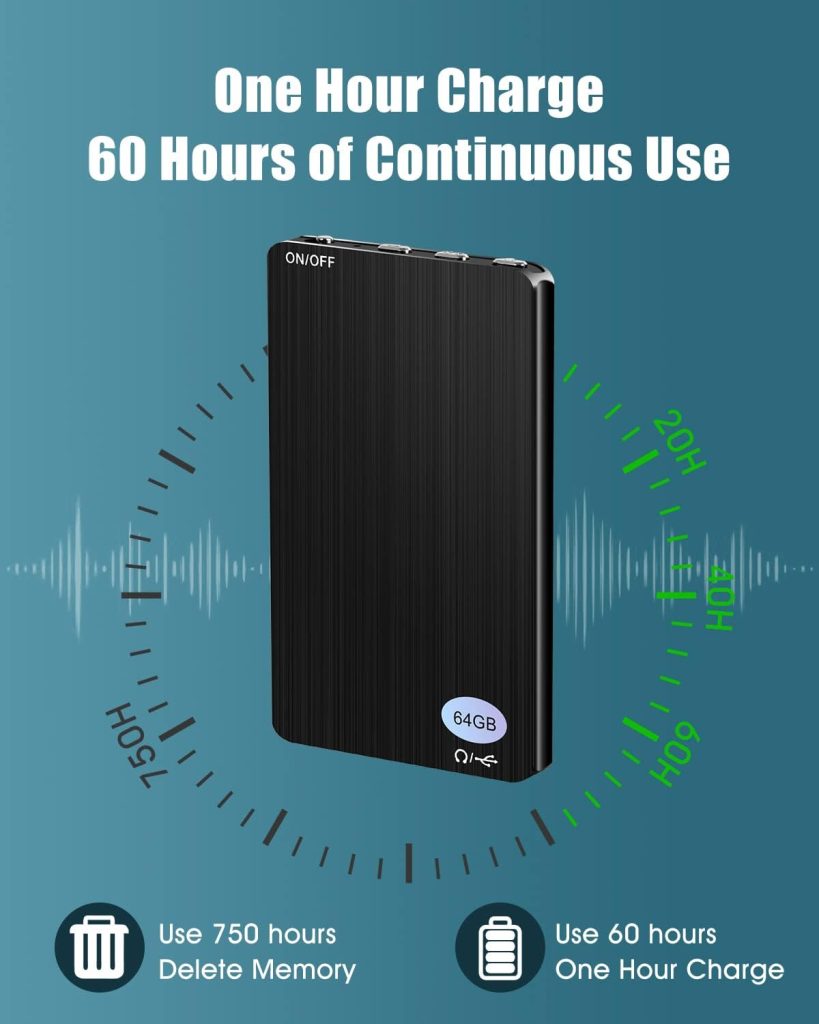 64GB Voice Recorder - Yegcaw Voice Activated Recorder Audio Recorder 750 Hours Recording Capacity Recording Device MP3 Feature with 60 Hours Battery Time for Work,Lectures, Meetings, Interviews