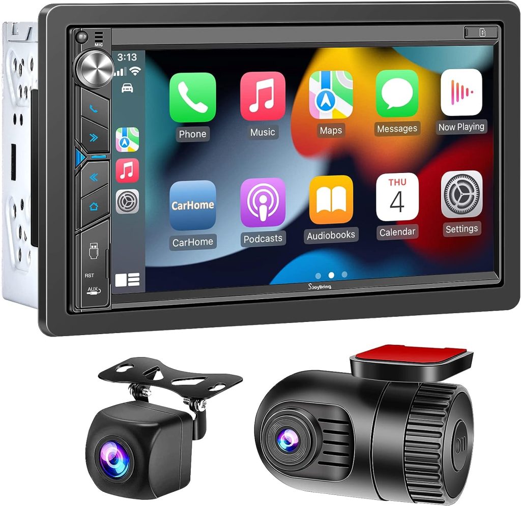 7 Double Din Car Stereo with Dash Cam, Supporting Carplay, Android Auto, Bluetooth, AHD Backup Camera, Full HD Touchscreen, Mirror Link, Subw, USB/TF/AUX, AM/FM Car Radio